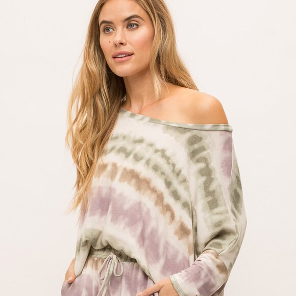 MYSTREE Olive & Lavender Tie Dye Oversized Top, Soft Lightweight Knit Batwing - Picture 1 of 7